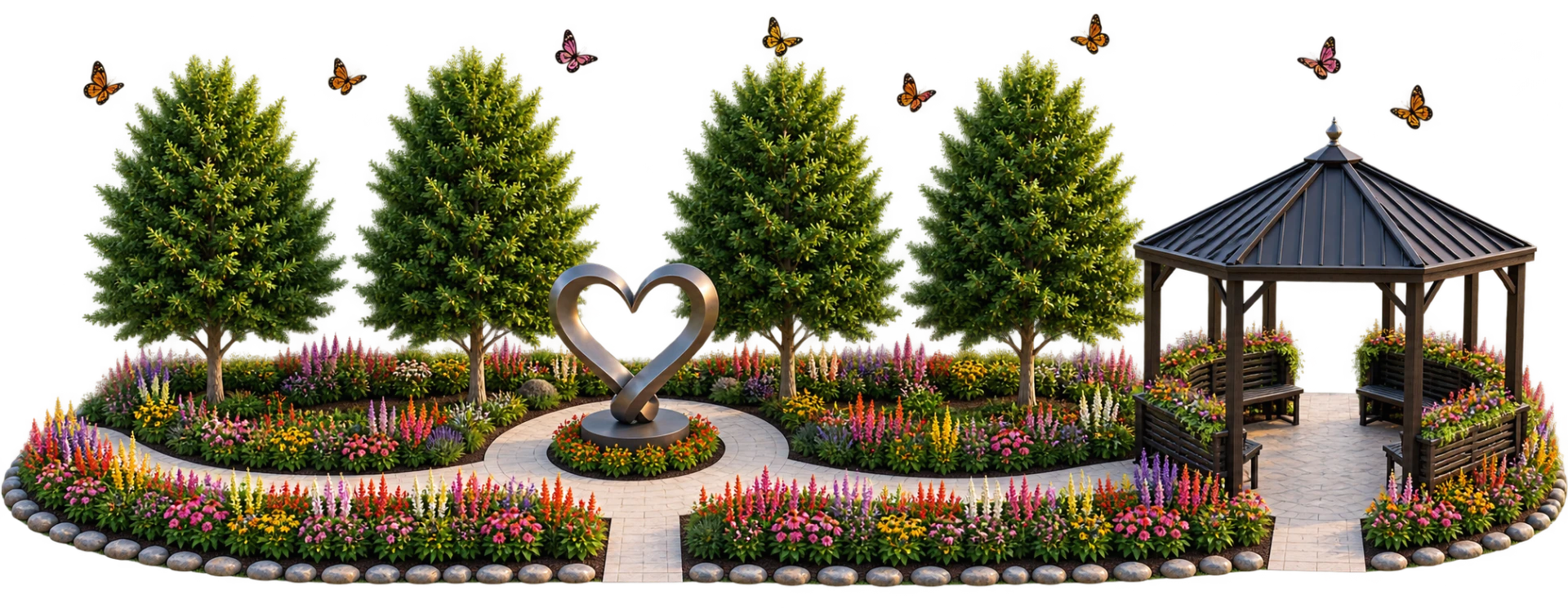 Rendering of the Memorial Healing Garden with a heart sculpture, gazebo, and butterflies